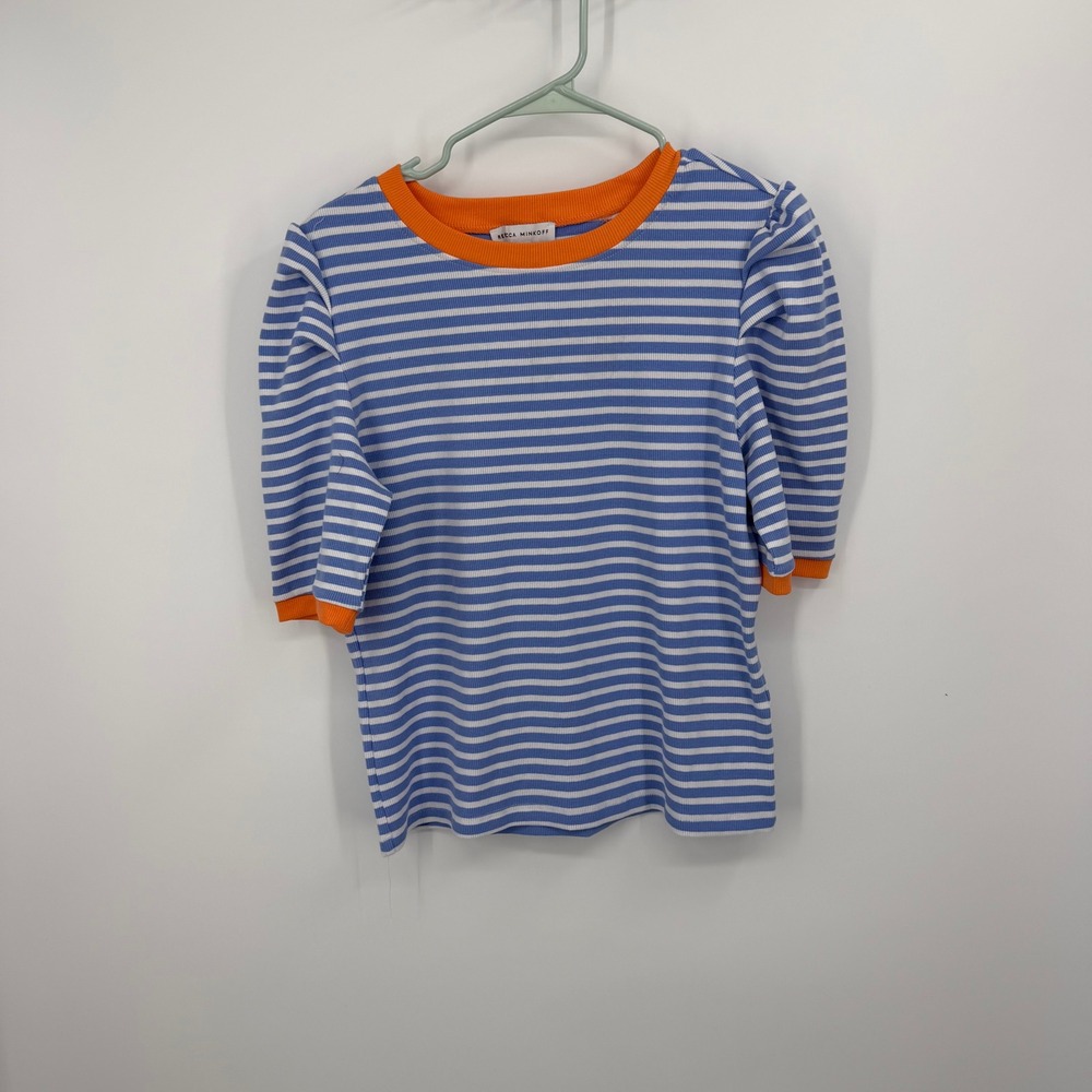 Rebecca Minkoff Puff Sleeve Top Womens Large Blue Stripe Ribbed‎ Knit Ringer Tee
